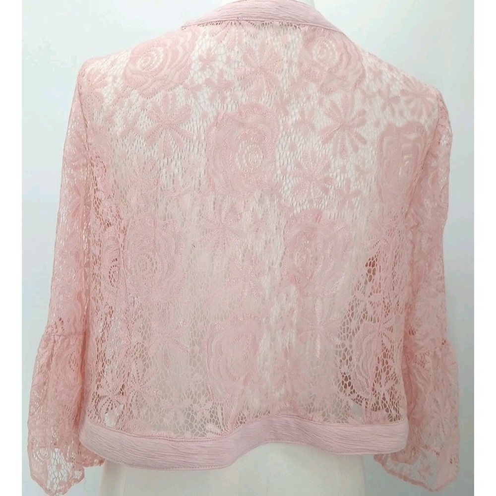 Pink Floral Rose Lace Ruffle Flared Sleeve Cardigan Tagless Size Med Valentines - Picture 4 of 7